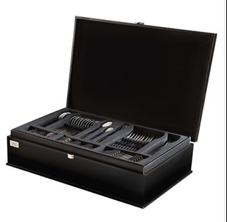 سرویس قاشق و چنگال ۸۶ پارچه ناب استیل مدل فلورانس طلایی PVD جعبه چوبی مشکی (18 نفره)